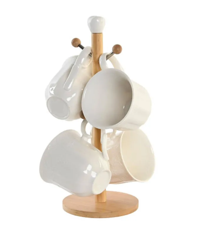 Set de 4 tasses en porcelaine blanche et support bambou 350ml