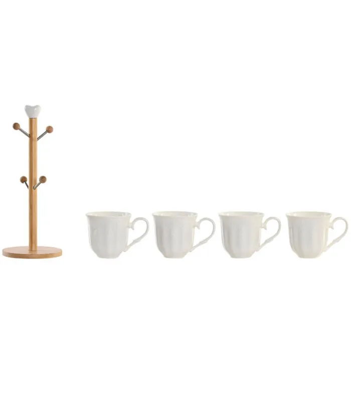 Set de 4 tasses en porcelaine blanche et support bambou 350ml